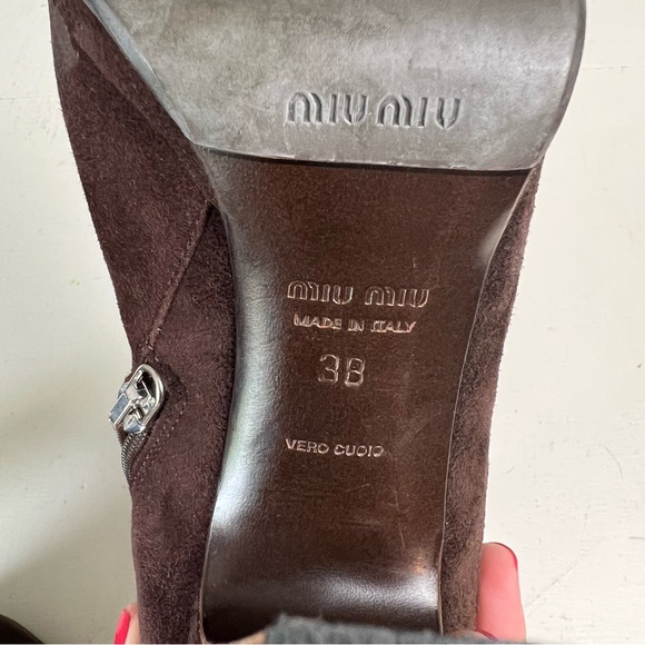 MIU MIU- Suede Booties Brown Heeled Designer Classic Leather Ankle - Picture 8 of 9